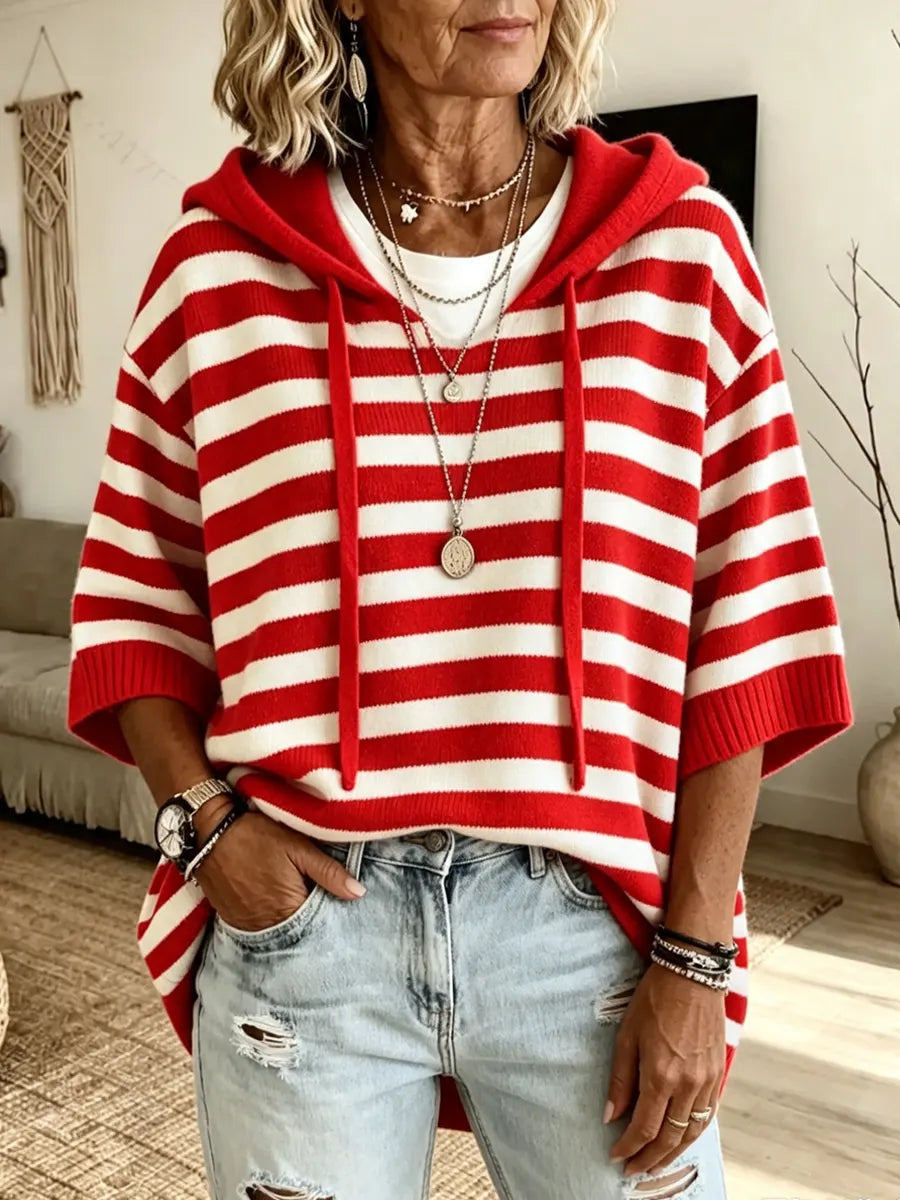 Retro Stripe Pattern Art Hooded Casual Stylish Knitted Top