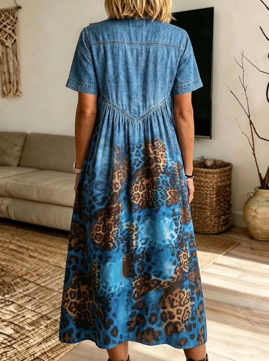 Women Denim Leopard Print Midi Dress Collared Short Sleeve Partial Button Loose Dress With Pockets
