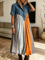 Geometric Stripe Pattern Art Print Casual Stylish Lapel Denim Patchwork Dress