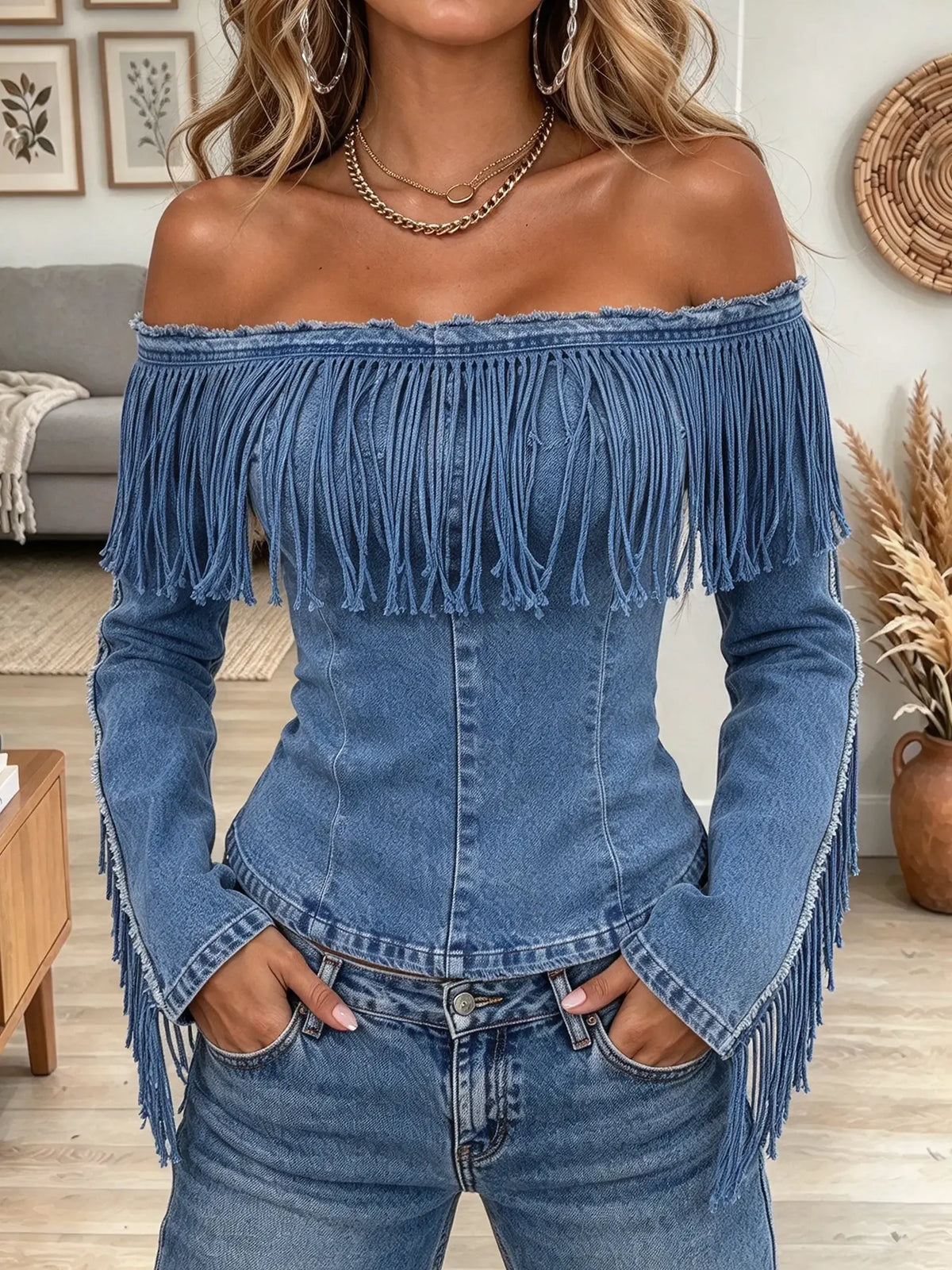 Women's Fringe Trim Denim Top