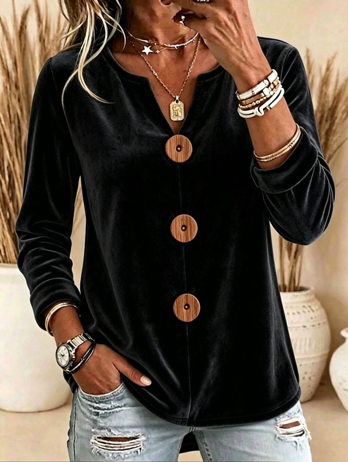 Women's Velvet Button Front Top