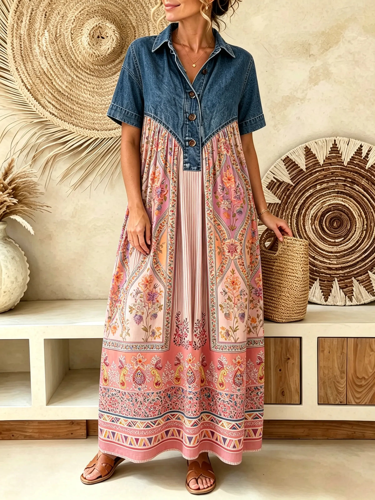 Women Ethnic Floral Geometric Print Short Sleeve Denim Spliced Maxi Dress