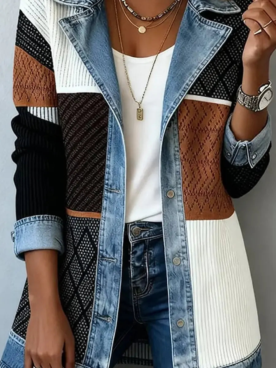 Retro Patchwork Pattern Art Print Casual Stylish Lapel Long Sleeve Coat