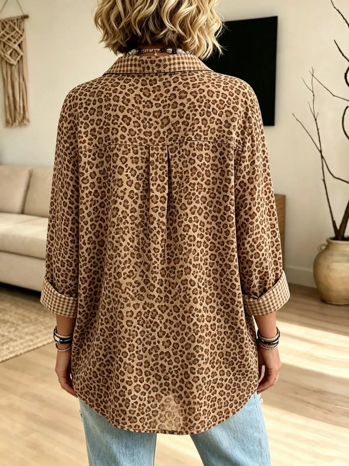 Women's Leopard Plaid Henley Blouse