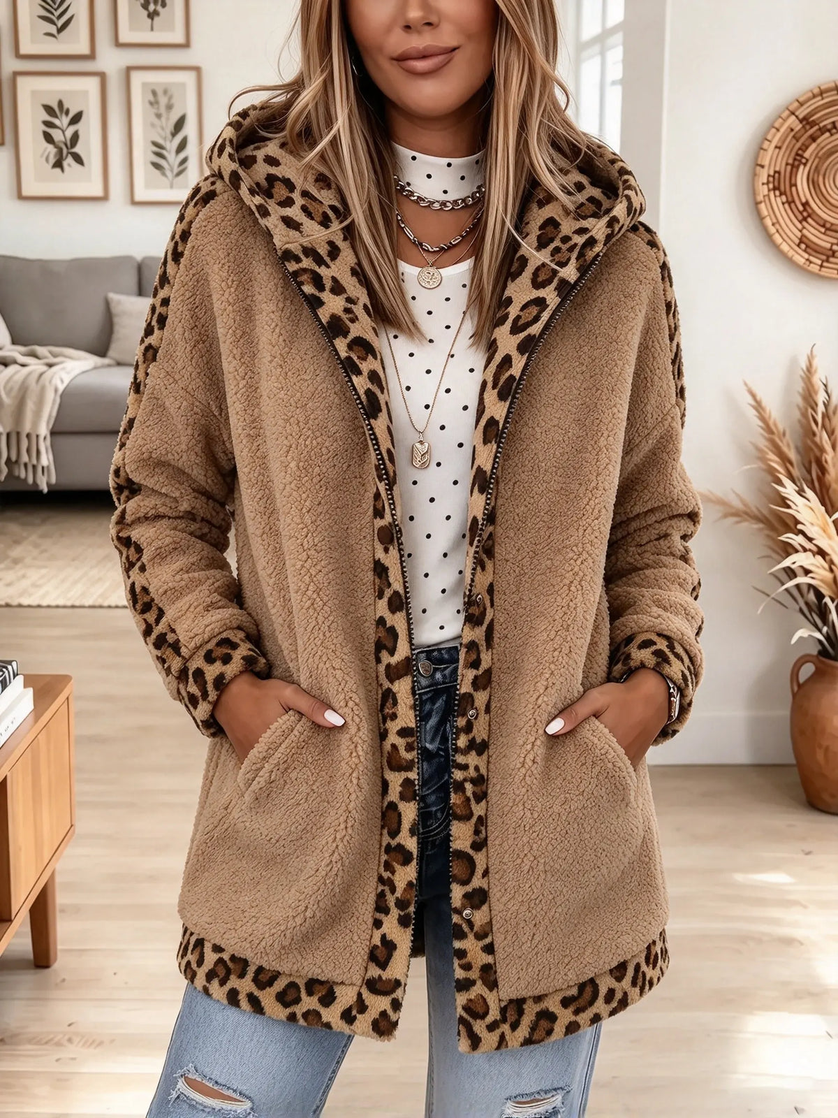 Women's Leopard Panel Sherpa Hooded Coat