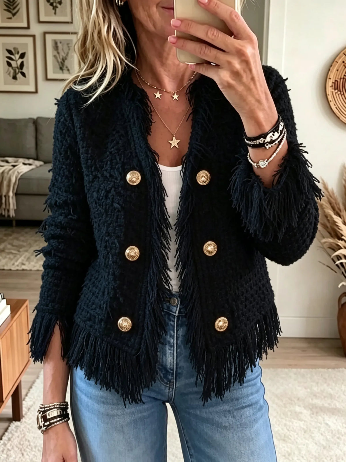 Women's Double-Breasted Fringe Tweed Jacket