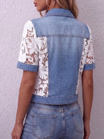 Vintage Elegant Sparkling Rhinestones Denim Patchwork Hollowed Out Lace Shirt