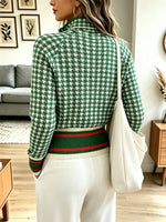 Retro Plaid Pattern Zip Knit Lapel Art Casual Stylish Long Sleeve Cardigan Sweater Coat