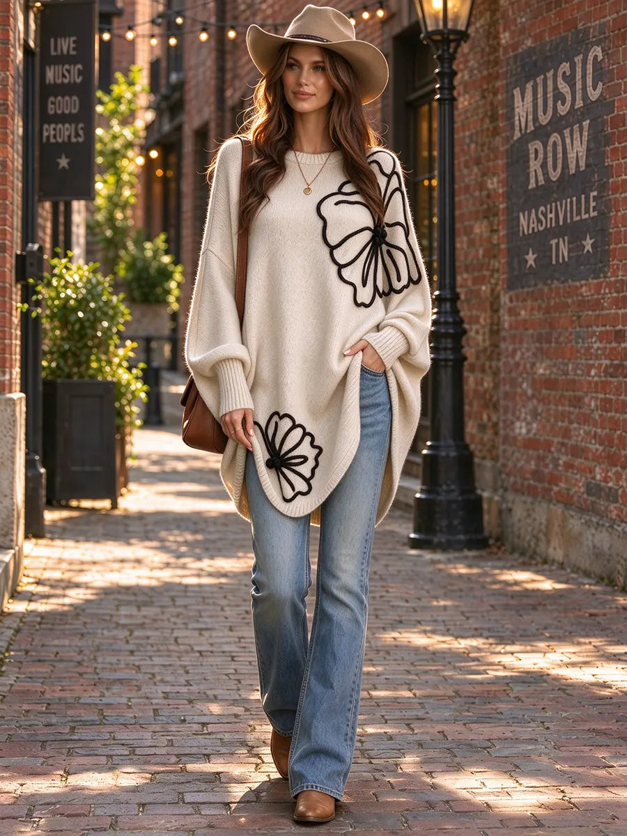 Women's Loose Floral Print Round Neck Batwing Long-sleeved Knit Top