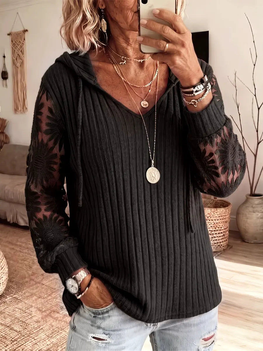 Retro Elegant Lace Hollow Patchwork Hooded Casual Long Sleeve Top