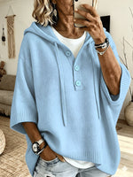 Women's Oversized Half Button Hooded Knit Top, 3/4 Sleeve Loose Casual Sweater