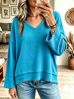 Women's Raw Hem Frayed V-Neck Pullover Sweatshirt