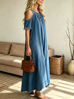 Women's Cold-Shoulder Frayed Denim Maxi Dress