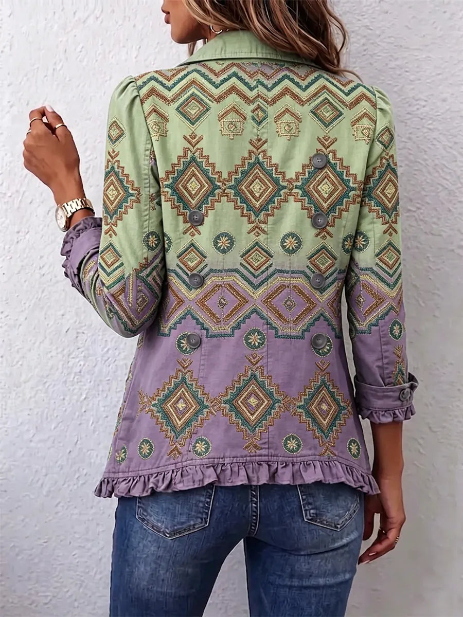 Retro Ethnic Pattern Art Print Ruffle Casual Stylish Cotton Lapel Coat