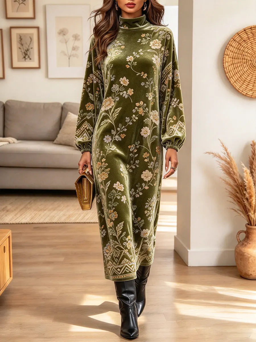 Retro Floral Pattern Art Print Casual Stylish Long Sleeve Velvet Dress