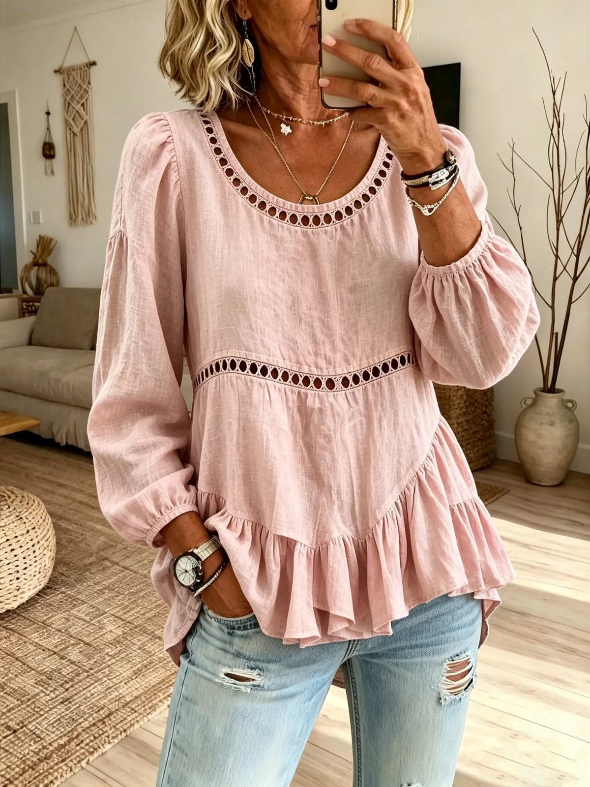 Women Solid Hollow Spliced Puff Sleeve Ruffle Hem Linen Blouse