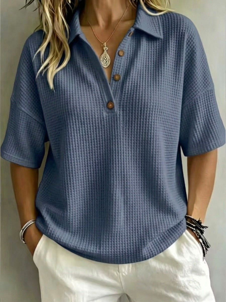 Solid Color Lapel Casual Short Sleeve Stylish Waffle Shirt