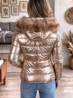 Women's Metallic Gold Hooded Puffer Jacket with Faux Fur Trim