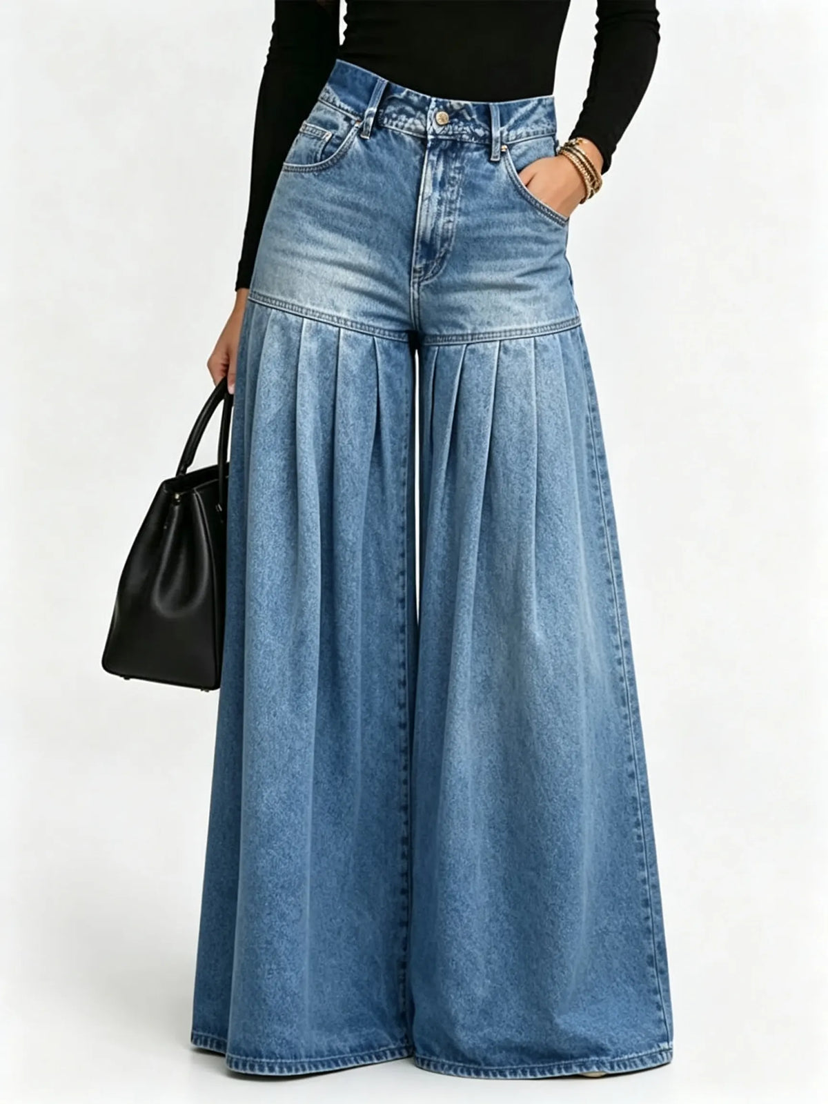 Women Solid Washed Denim Spliced Pleated Wide Leg Pants