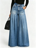 Women Solid Washed Denim Spliced Pleated Wide Leg Pants