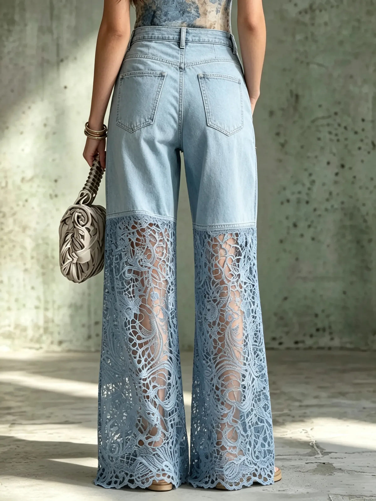 Women's Sheer Floral Lace Wide-Leg Denim Pants