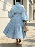 Women Denim Wrap Midi Dress, Balloon Long Sleeve Belted High Slit Shirt Dress Casual Streetwear