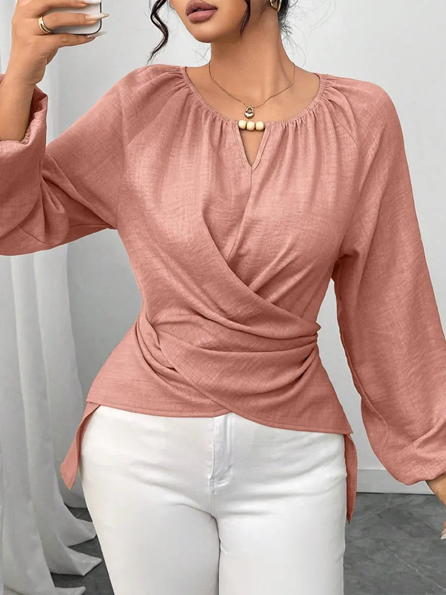 Retro Elegant Solid Color Round Collar Casual Long Sleeve Wrap Stylish Shirt