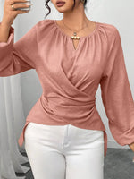 Retro Elegant Solid Color Round Collar Casual Long Sleeve Wrap Stylish Shirt