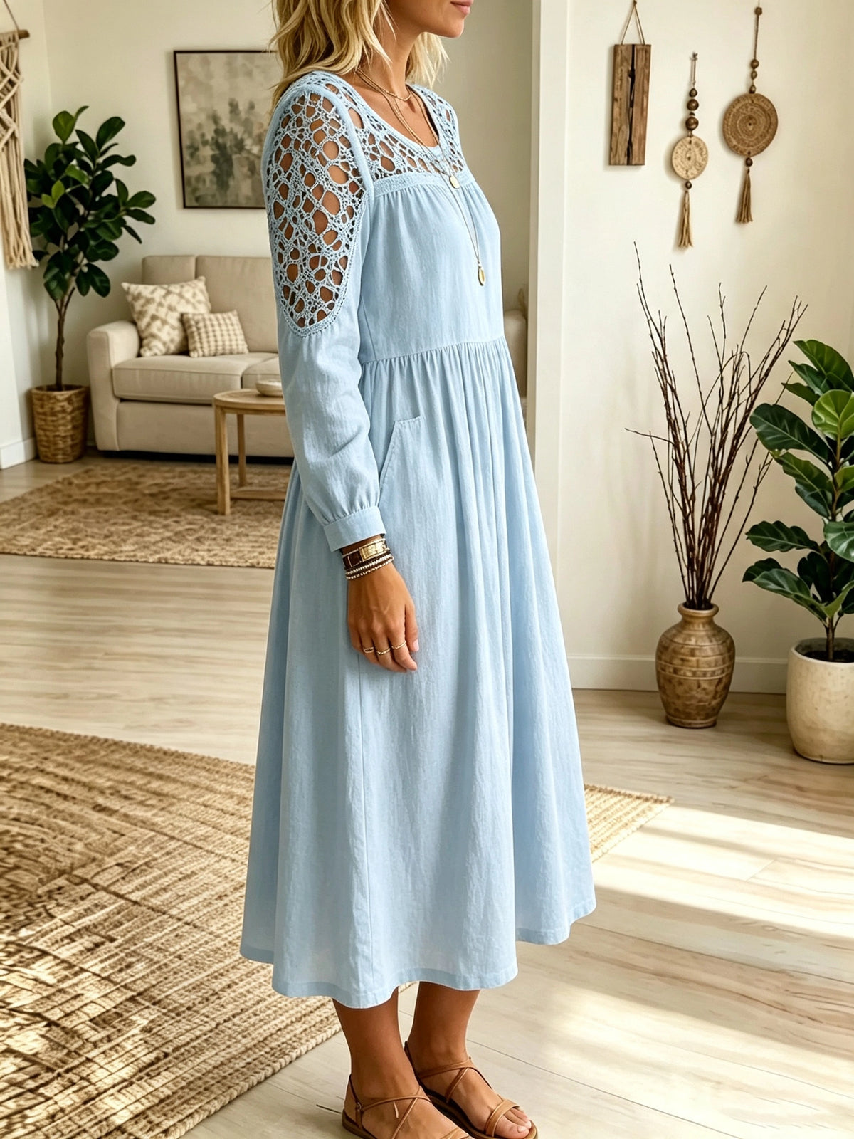 Women's Crochet Cutout Yoke Midi Dress