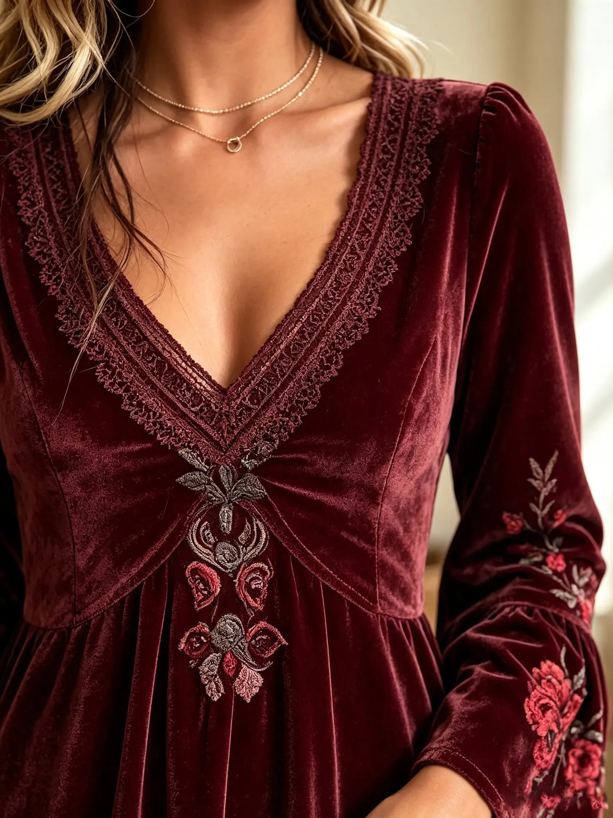 Women's Velvet Embroidered Bell Sleeve Mini Dress