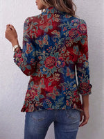 Retro Floral Butterfly Pattern Art Print Ruffle Casual Stylish Cotton Lapel Coat