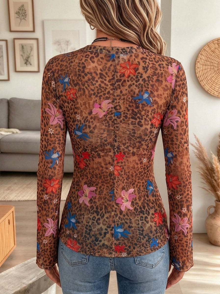 Leopard Floral Print Mesh V Neck Flare Sleeve Top