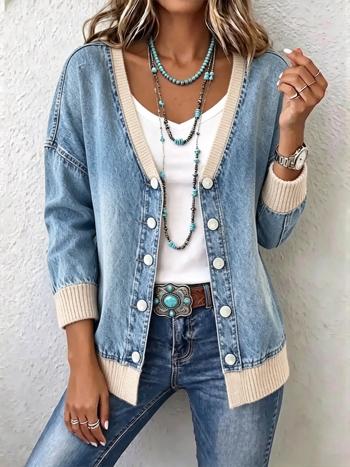 Women Rib‑Spliced Denim V‑Neck Cardigan