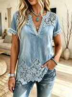 Women's Wavy Floral Lace Panel V-Neck Short Sleeve Washed Denim Top