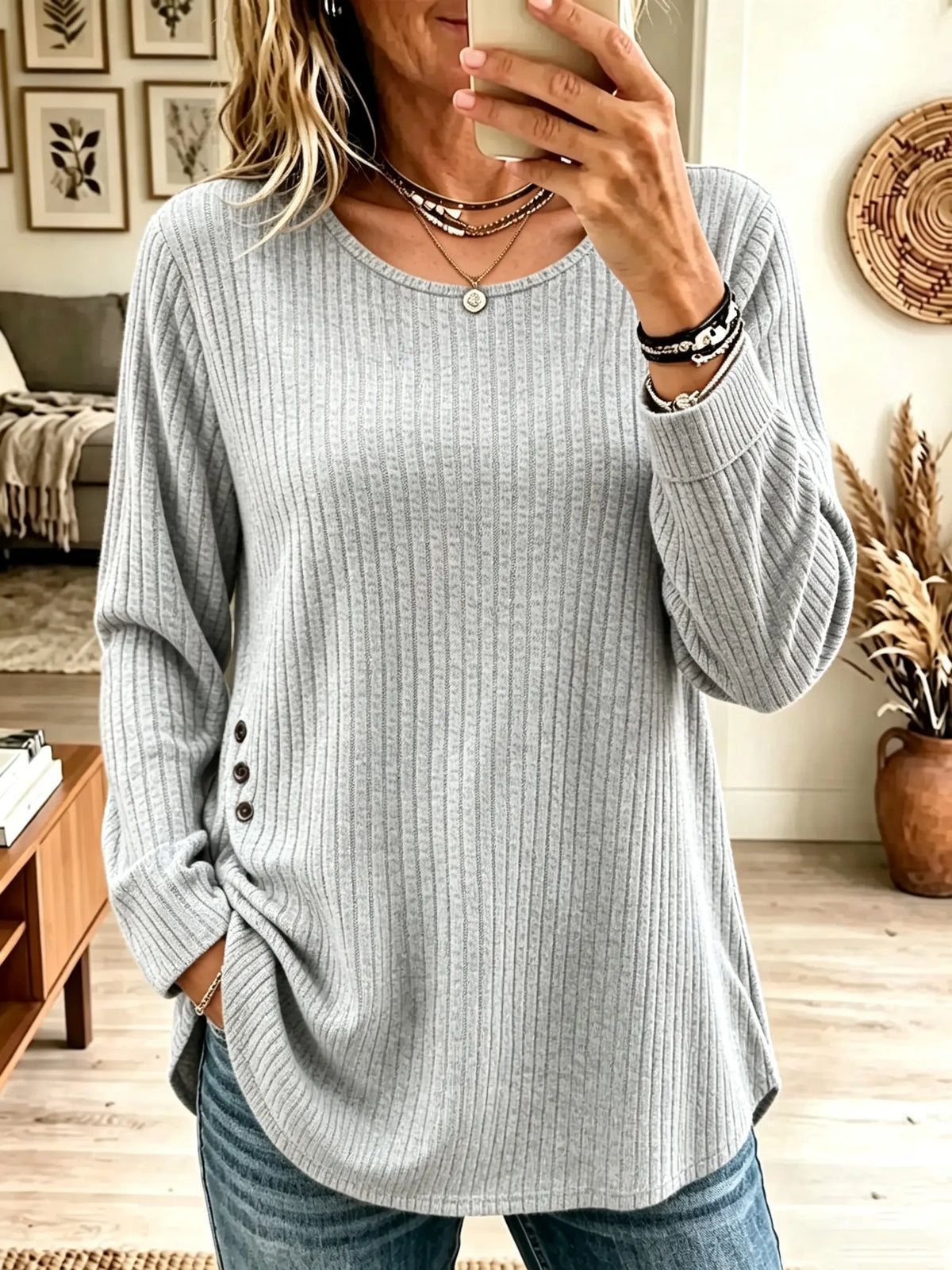 Women's Side Button Ribbed Knit Crewneck Tunic