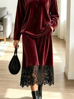 Retro Elegant Velvet Lace Art Casual Stylish Long Sleeve Shirt And Skirt Two-piece Set