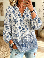 Women's Blue Floral Porcelain Print V-neck Puff Sleeve Blouse