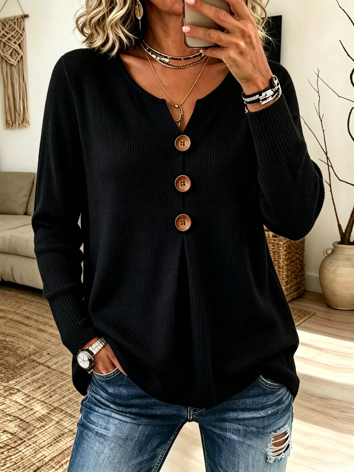Women's Button-Front Ribbed Knit Sweater