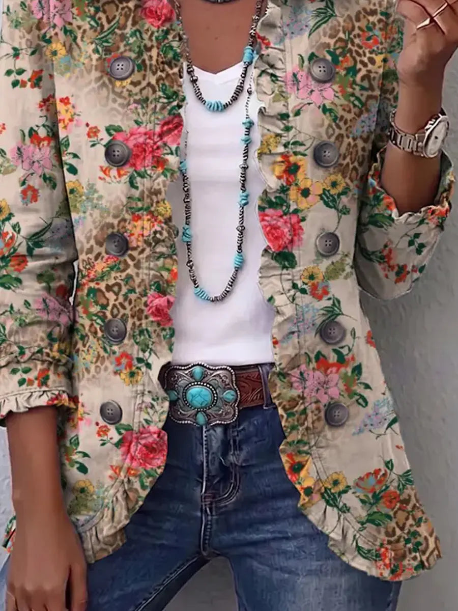 Retro Floral Leopard Pattern Art Print Ruffle Casual Stylish Cotton Lapel Coat