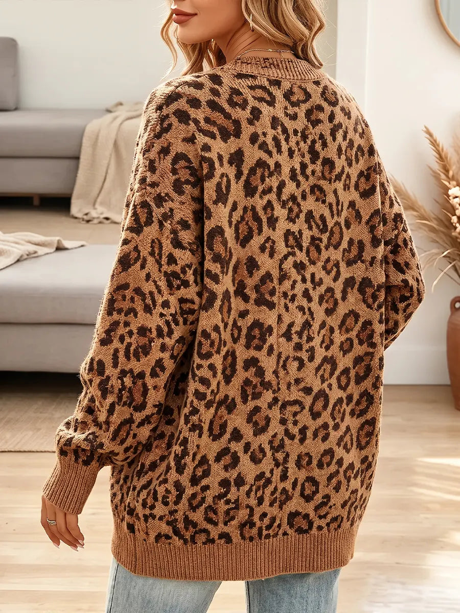 Vintage Elegant Leopard Print Sweater Jacket