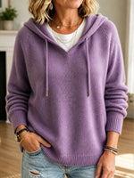Women's V Neck Drawstring Hooded Knit Sweater, Long Sleeve Loose Casual Pullover