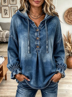 Women's Washed Denim Drawstring Button-Front Hoodie