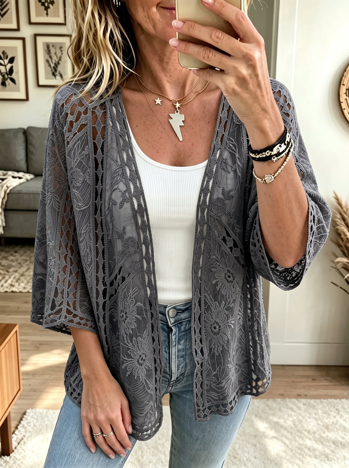 Women's Sheer Floral Lace Open-Front Kimono Cardigan