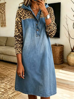 Retro Leopard Patchwork Hooded Art Casual Long Sleeve Stylish Denim Midi Dress