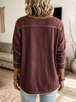 Women Raw Edge Contrast Trim Henley Top Loose Long Sleeve Casual Blouse
