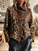 Vintage Elegant Leopard Print Asymmetrical Suede Jacket