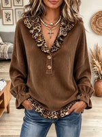 Women's Leopard Ruffle Trim Button Corduroy Top