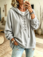 Women Light Blue Front Lace-Up V-Neck Oversized Drop Shoulder Hoodie