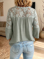 Women V Neck Floral Lace Spliced Button Front 3/4 Sleeve Blouse