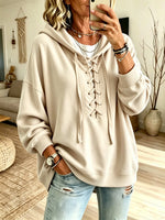 Women Light Blue Front Lace-Up V-Neck Oversized Drop Shoulder Hoodie